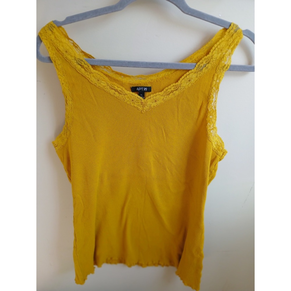 Womens Y2K‎ Lace Trim Mustard Yellow Tank Top XL Preppy Soft Girl Ribbed